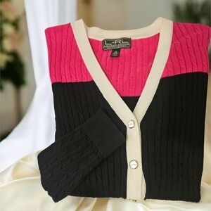 NWOT L-RL Lauren Active Women's Sweater Pink and Black Cardigan--Size Small